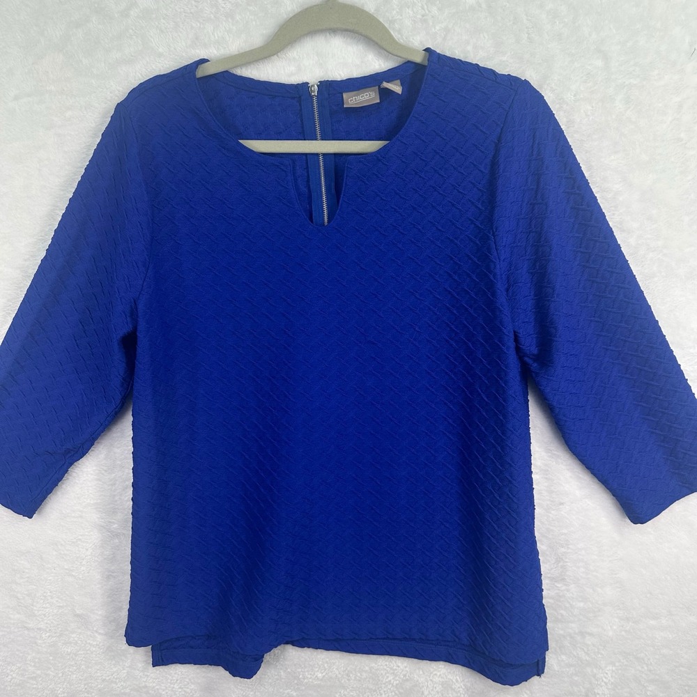 Chico's Blouse Womens 12 Blue Textured 3/4 Sleeve Zipper Back Split Neck Top